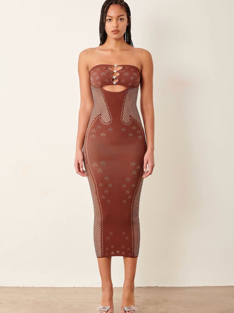 New Poster Girl Roxie Midi Dress In Old Money Brown Sheer Mesh Strapless Bodycon — image 2 of 6